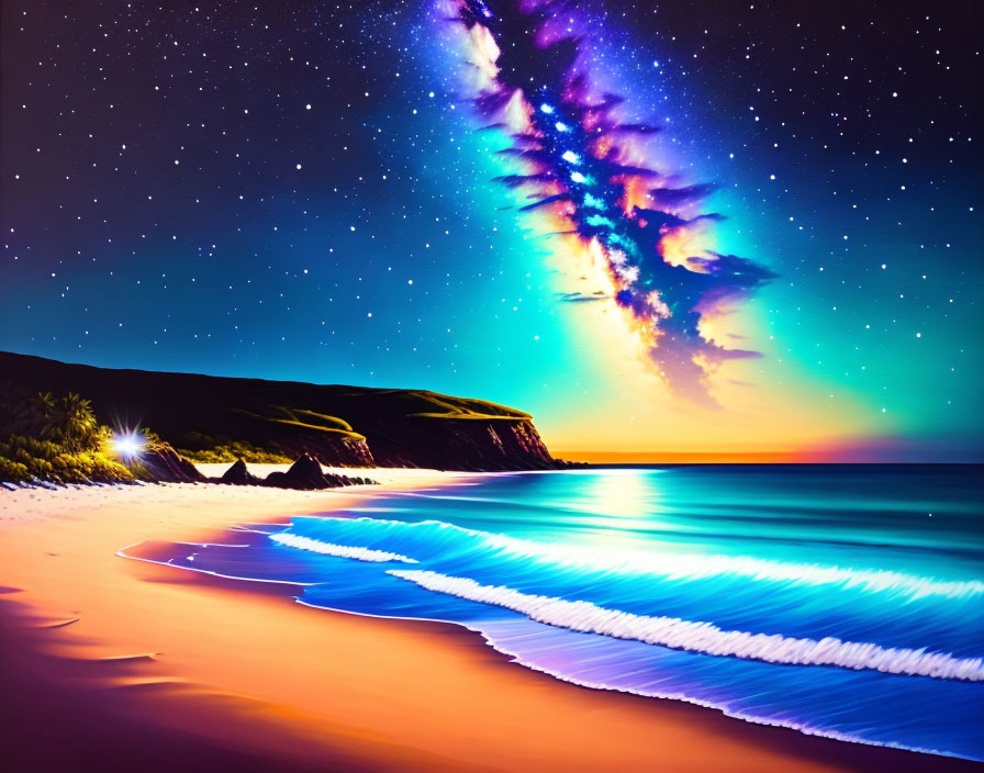 Colorful Milky Way Over Night Beach Scene with Ocean Waves and Cliffs