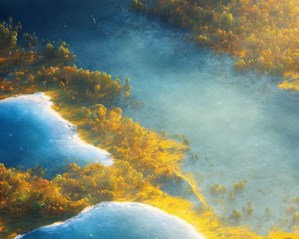 Aerial View of Misty Autumn Forest with Winding River