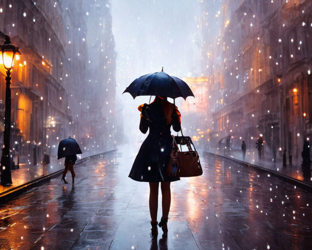 Person with umbrella standing on rain-soaked street with city lights reflecting on wet pavement.