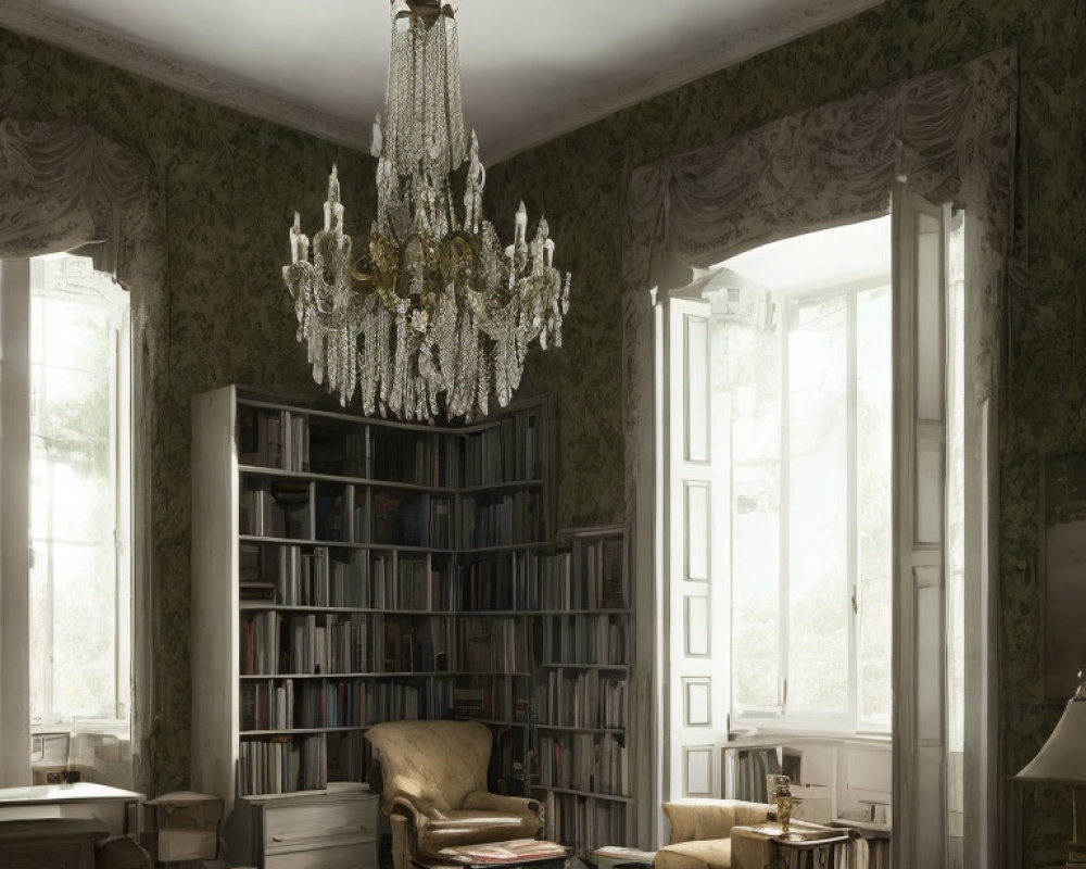 Sunlit Room with Towering Bookcase, Plush Chairs, Chandelier, Vintage Wallpaper