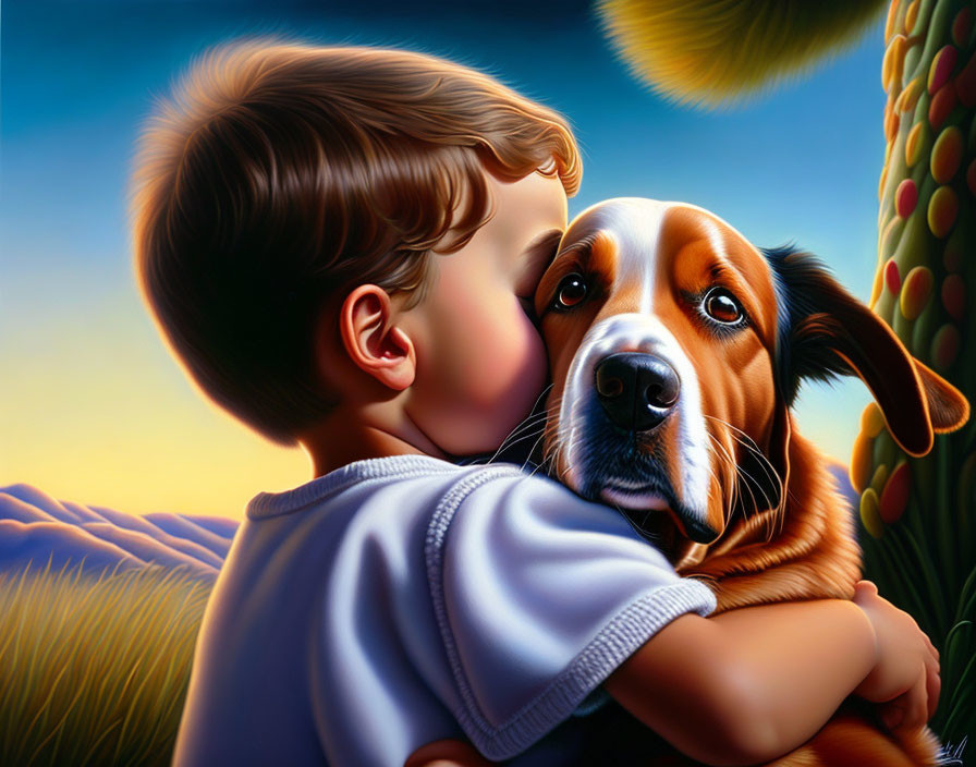 Child embraces gentle dog under colorful sky in heartwarming scene