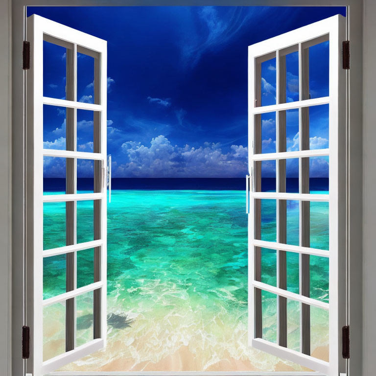 Bright beachfront view through open white double doors