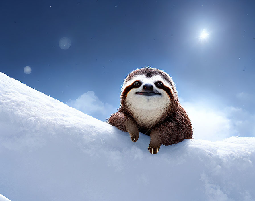 Smiling sloth peeking over snow-covered edge under night sky