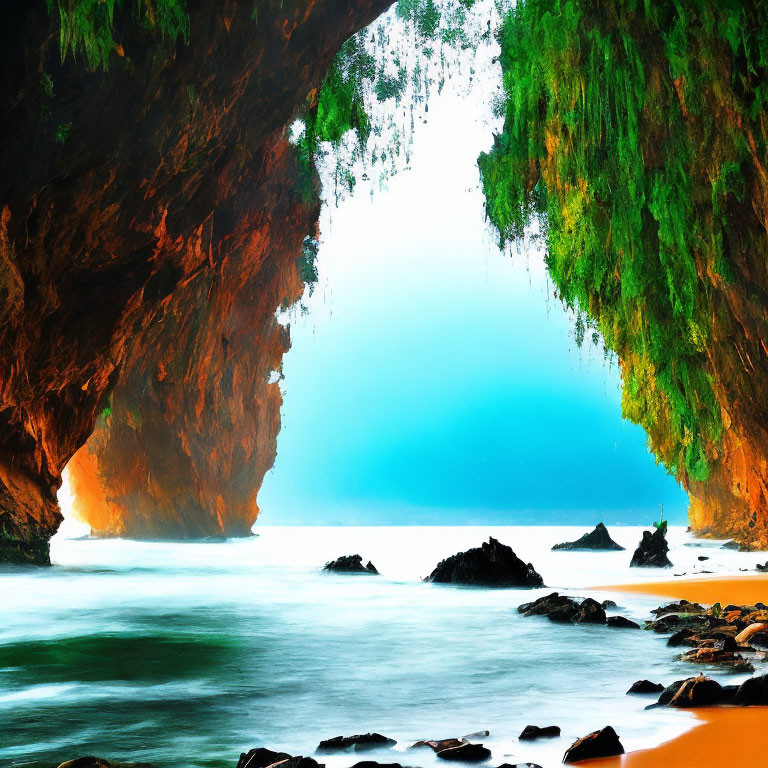 Scenic coastal sea cave with hanging green vegetation and bright blue sea view.