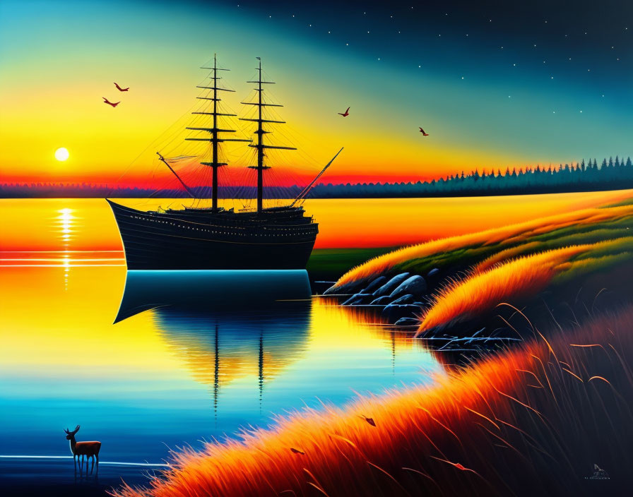 Vibrant ship at sunset with deer, birds, and forest silhouette