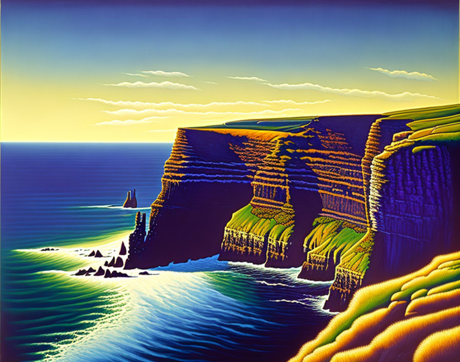 Stylized illustration of cliffs with layered rock formations and calm sea at sunset or sunrise