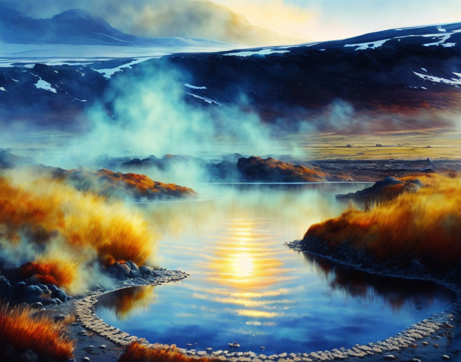 Tranquil sunset over calm lake with smoke, golden grasses, and mountains