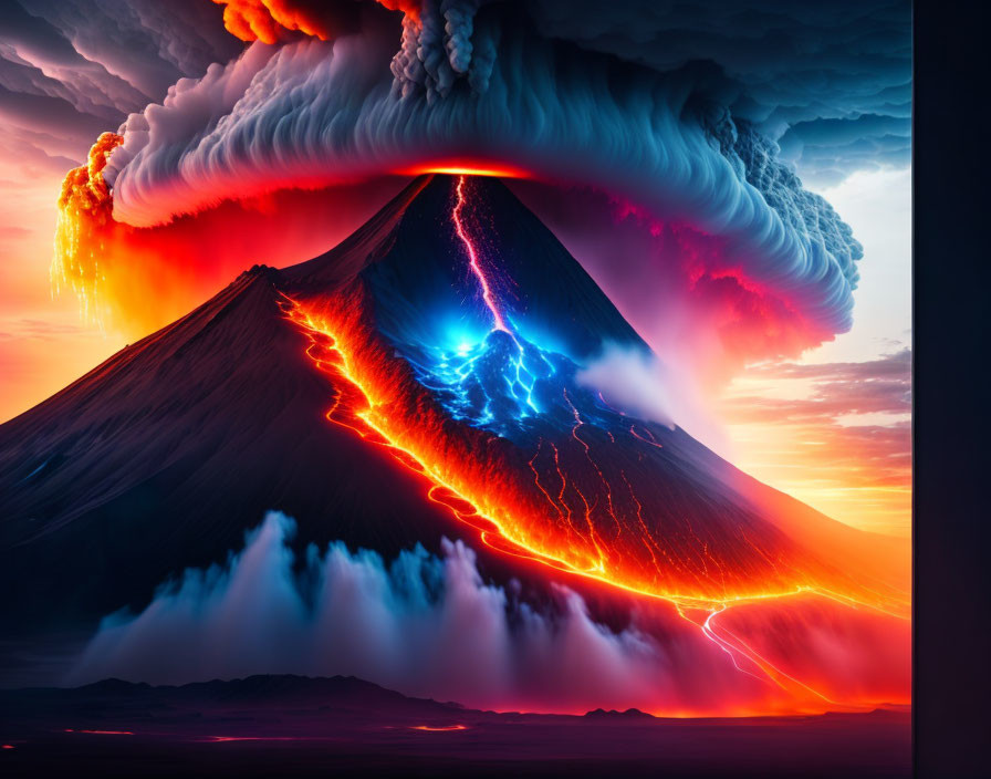Dramatic volcano eruption with lava flows and lightning in twilight sky