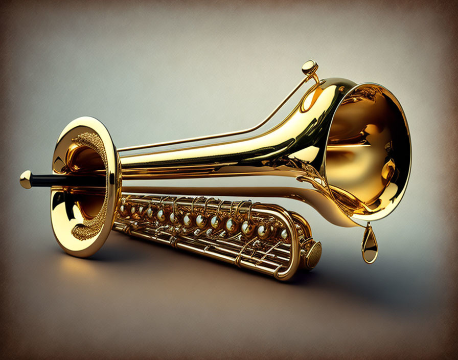 Shiny golden trumpet with detailed valves on textured brown background