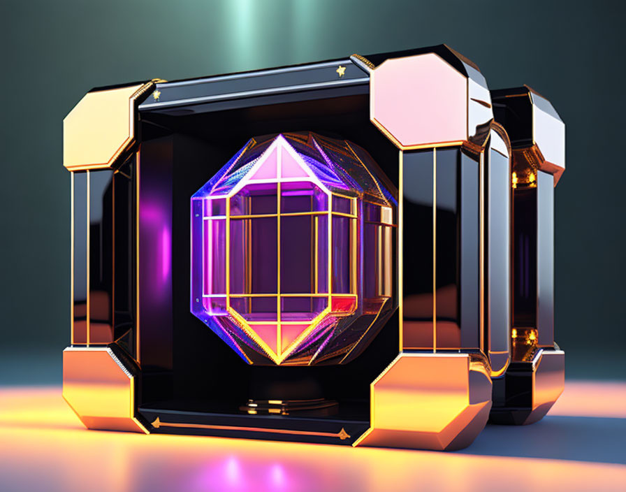 Futuristic Black Hexagonal Device with Luminous Crystal Structure