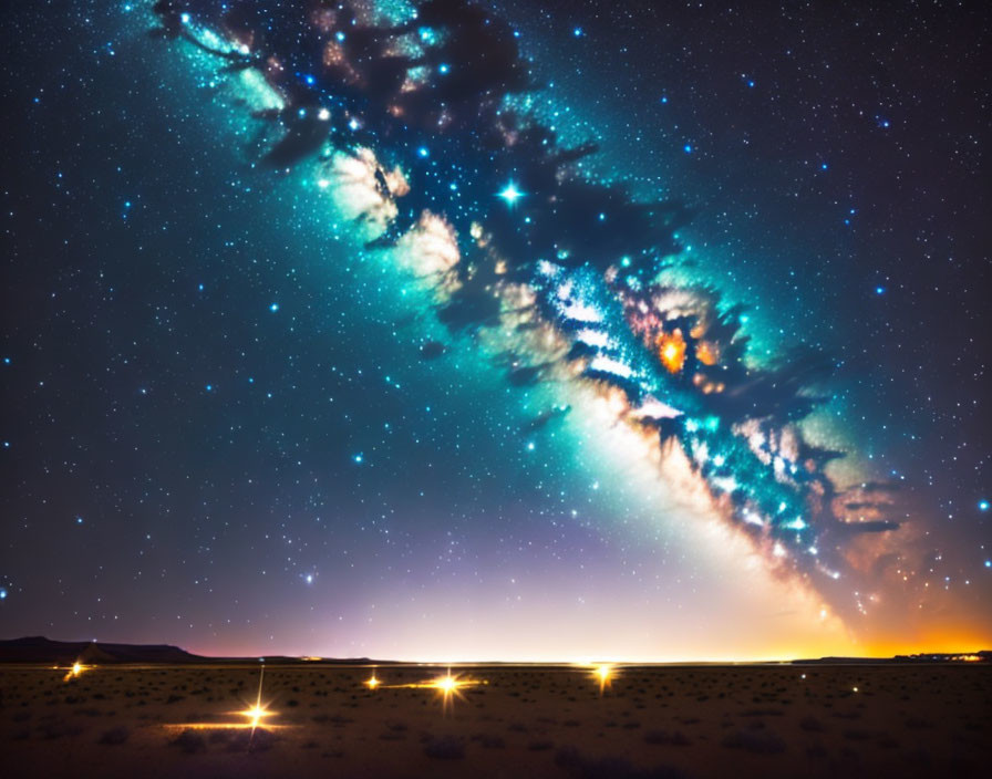 Desert landscape under vibrant Milky Way in starlit sky