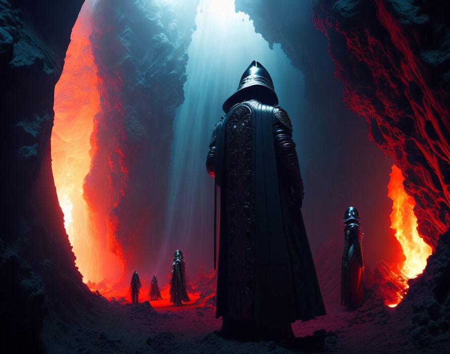 Robed figures in armor in cavernous landscape with lava and beams
