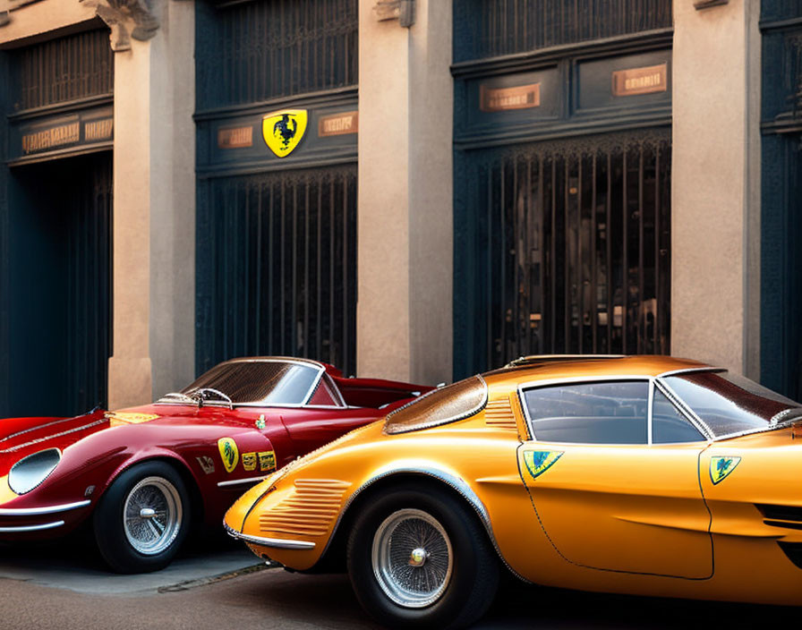 Classic Red and Yellow Ferrari Cars Parked by Elegant Building with Columns