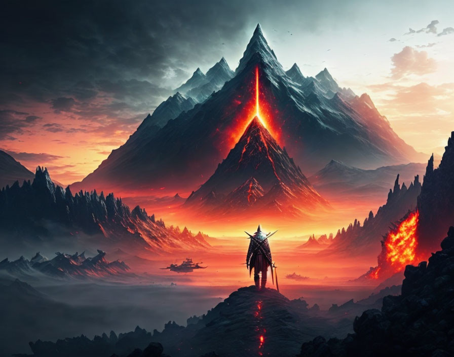 Cloaked Figure in Front of Volcanic Mountain with Fiery Chasm