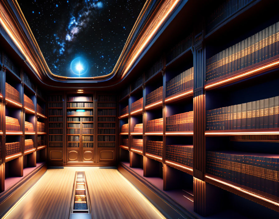Futuristic library with floor-to-ceiling bookshelves and starry night sky view