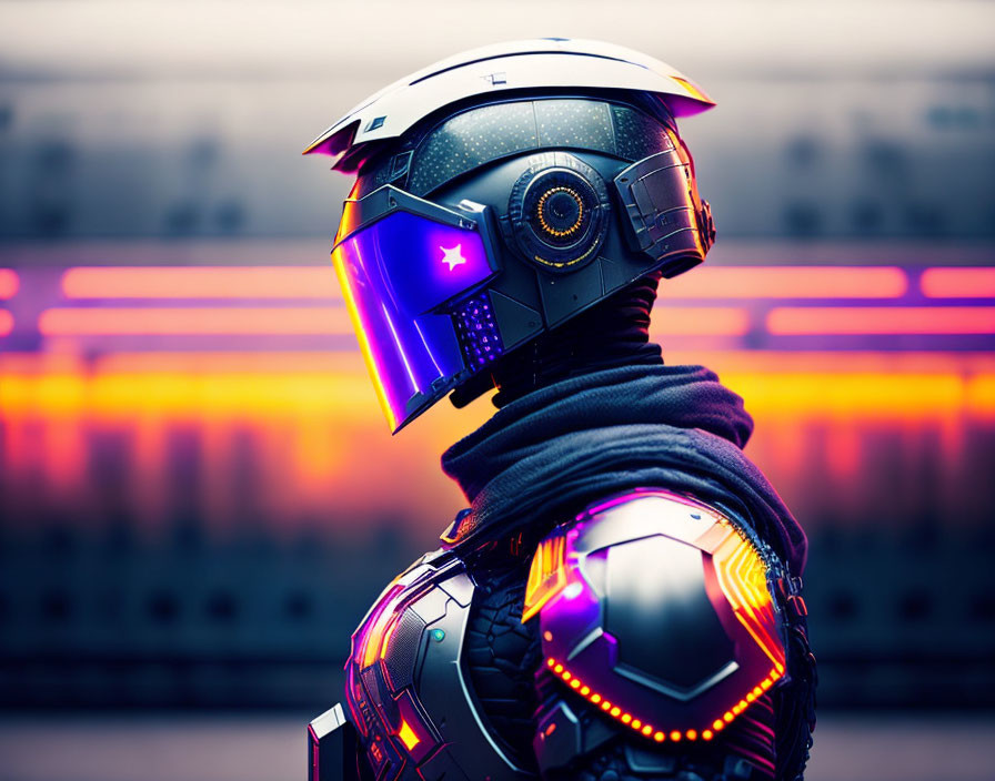 Futuristic armored suit with glowing elements and purple visor at sunset
