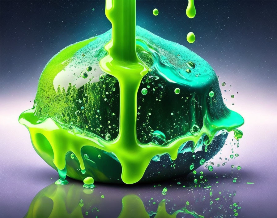 Dynamic Green Liquid Splashing on Object Against Purple Background