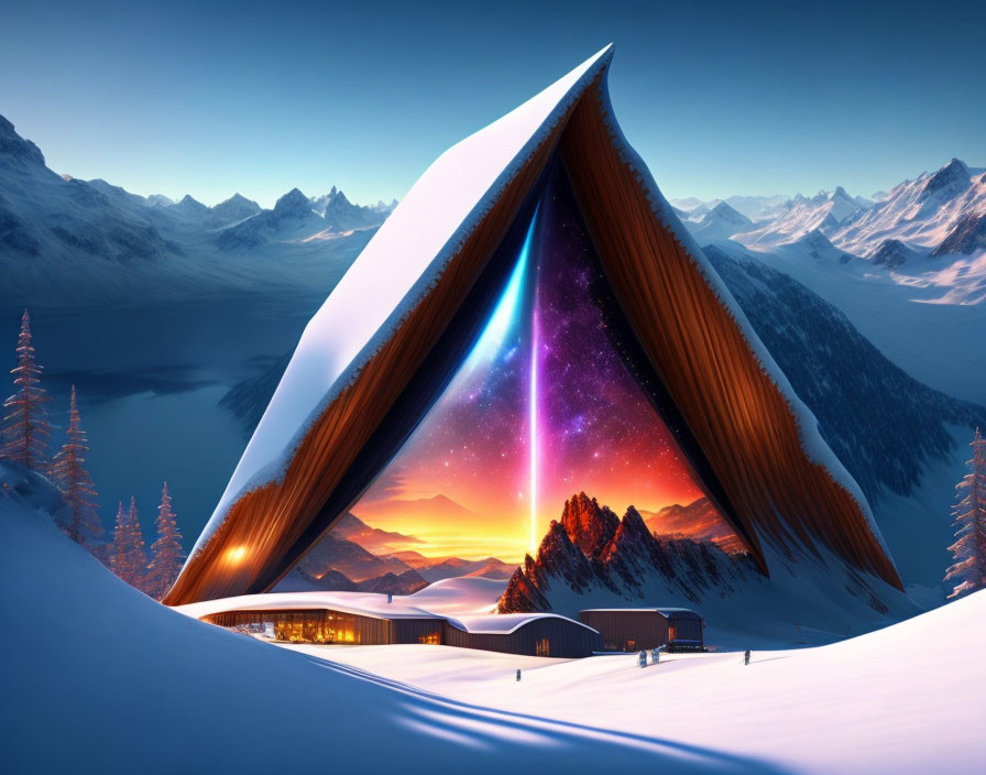 Angular Futuristic Mountain Lodge Glowing in Snowscape