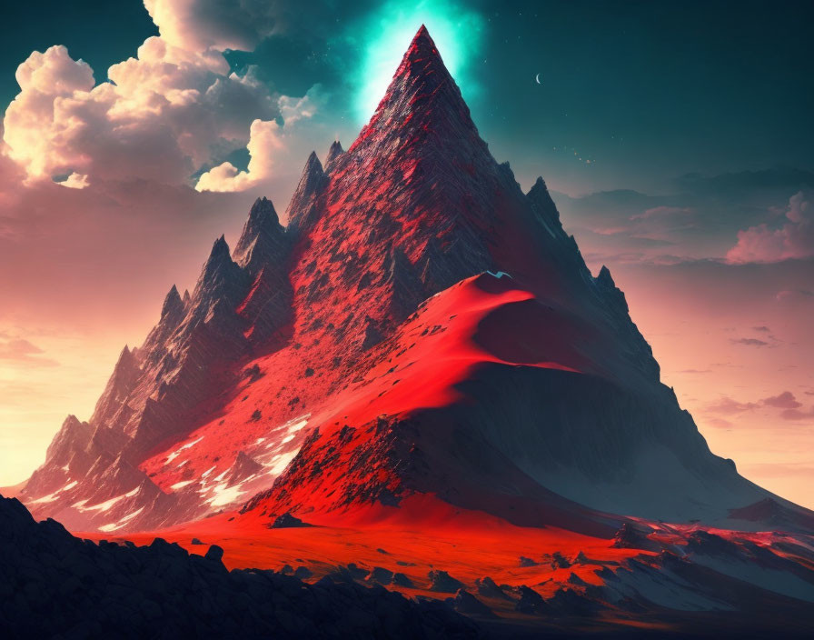 Majestic red mountain under dramatic sky with turquoise glow