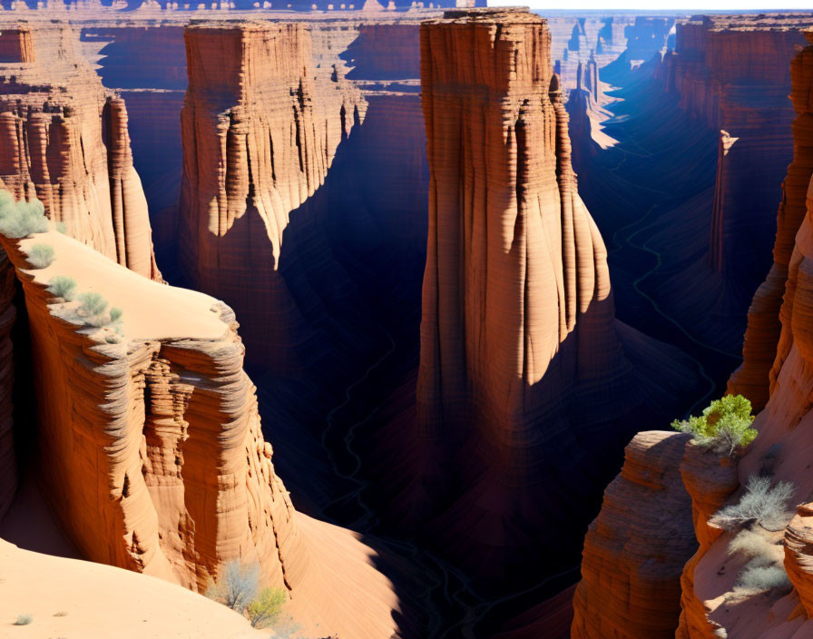 Majestic sandstone formation in desert canyon under blue sky