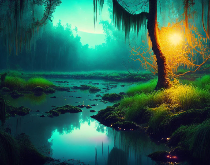 Mystical swamp with blue and golden light, trees, moss, water, and glowing spots.