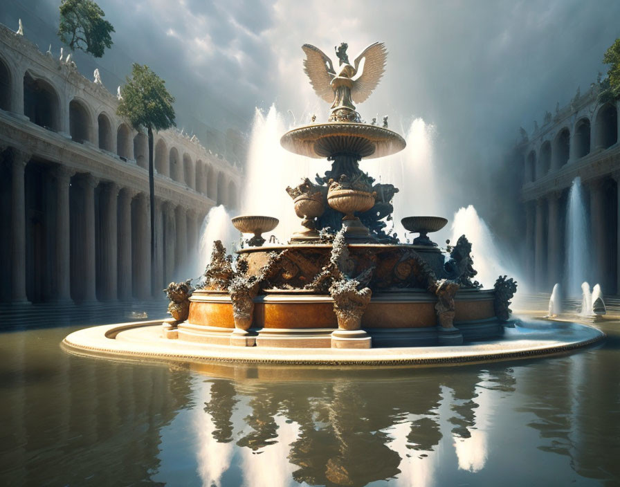 Ornate fountain with sculpted eagle in serene pool and classical colonnades