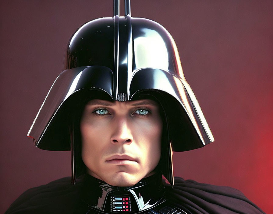 3D rendering of man with blue eyes in Darth Vader-like black helmet on red backdrop