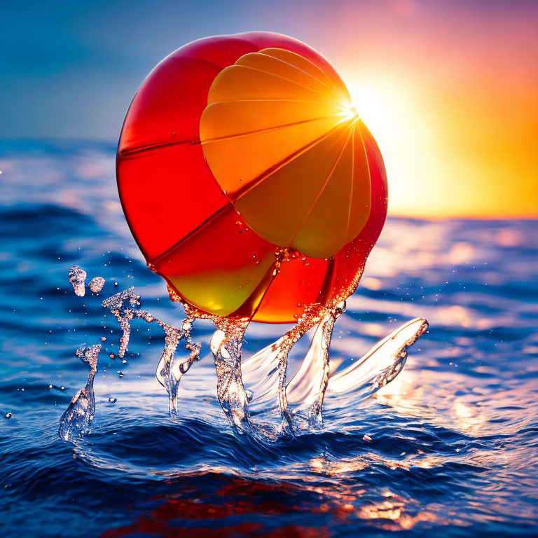 Colorful beach ball splashes into sea at sunset