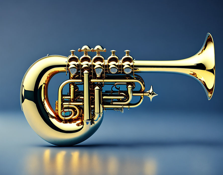 Shiny Gold Brass French Horn on Blue Background