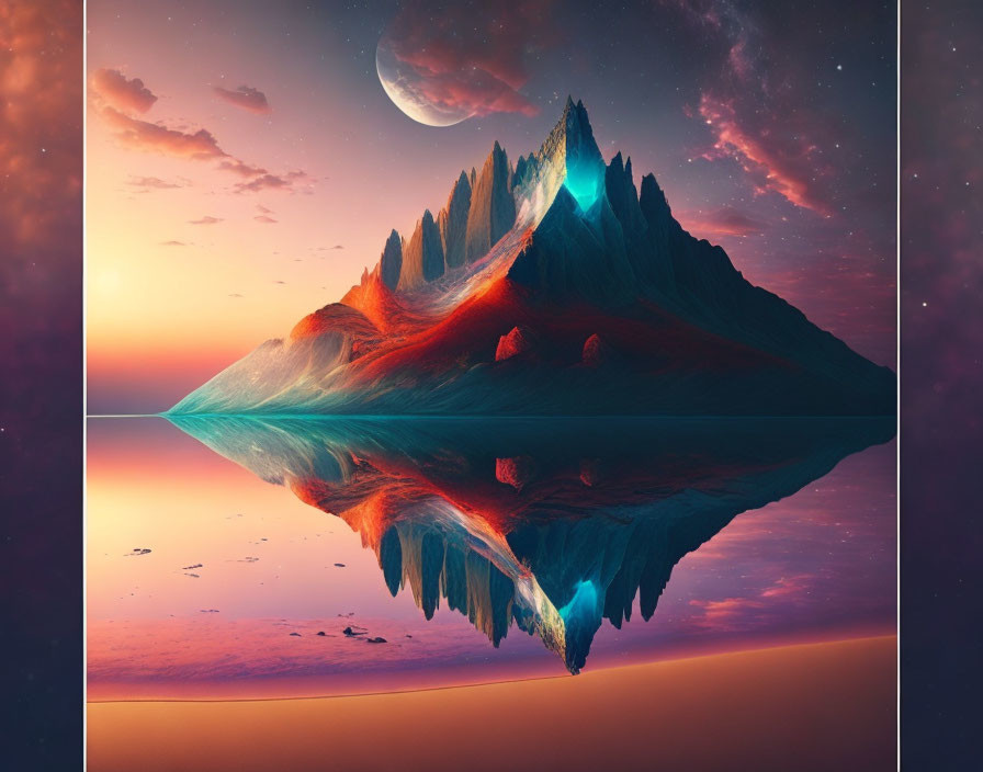 Surreal landscape with mountain peak, twilight sky, crescent moon, and stars