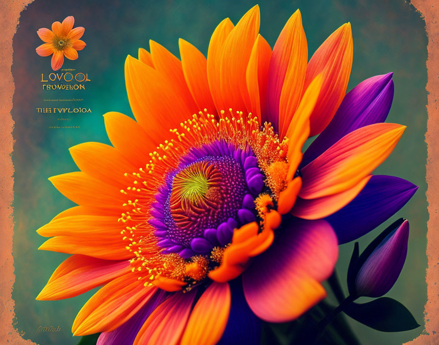 Colorful orange and purple flower with yellow pollen on dark background with Greek text elements