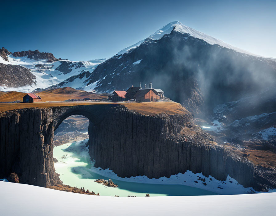 Natural Arch Bridge Over Turquoise Glacial Lake and Snow-Capped Mountains