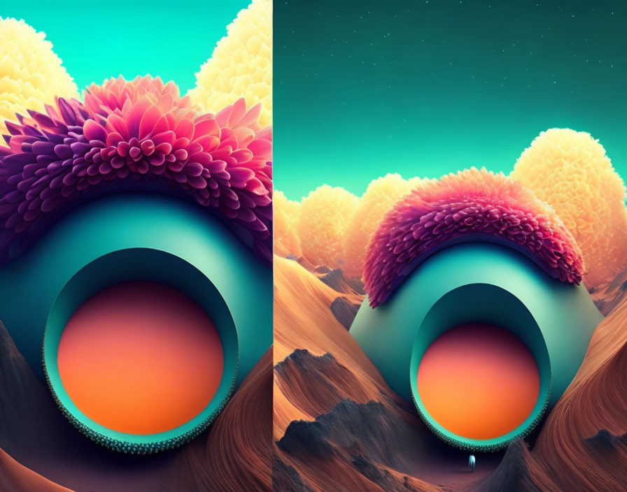 Colorful surreal landscapes with round portals and starlit sky