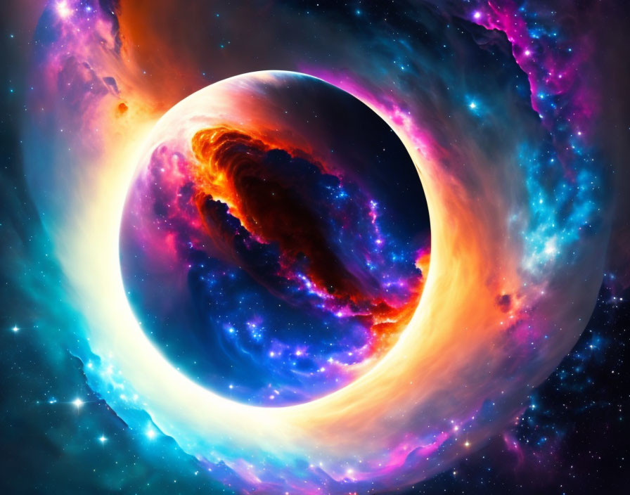 Colorful digital artwork: Black hole, accretion disk, interstellar nebula