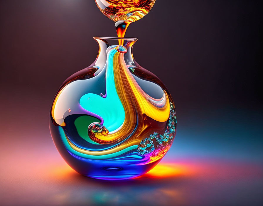 Vibrant liquid poured into iridescent vase on gradient background
