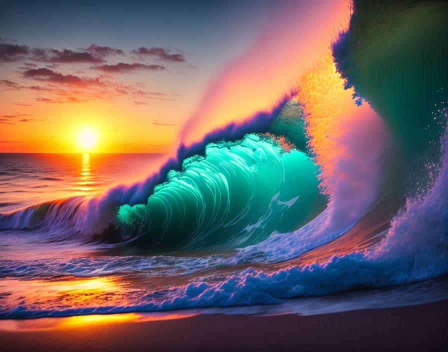 Colorful sunset wave cresting over ocean surface at dusk