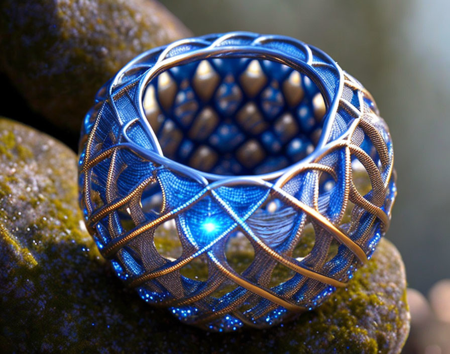 Spherical Silver Jewelry with Blue Accents on Rock Display