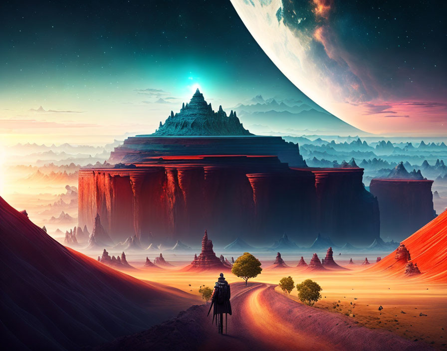 Sci-fi landscape with large moon, traveler on path to distant temple under starlit sky