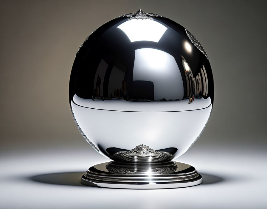 Detailed Ornate Silver Base on Reflective Spherical Object