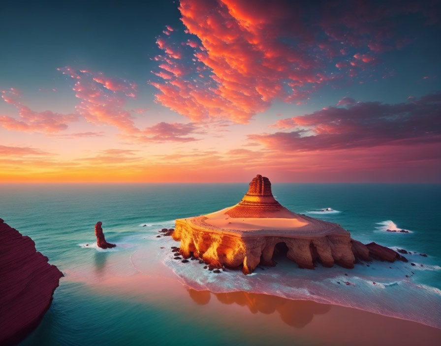 Vibrant pink sunset over golden rock formation by tranquil sea