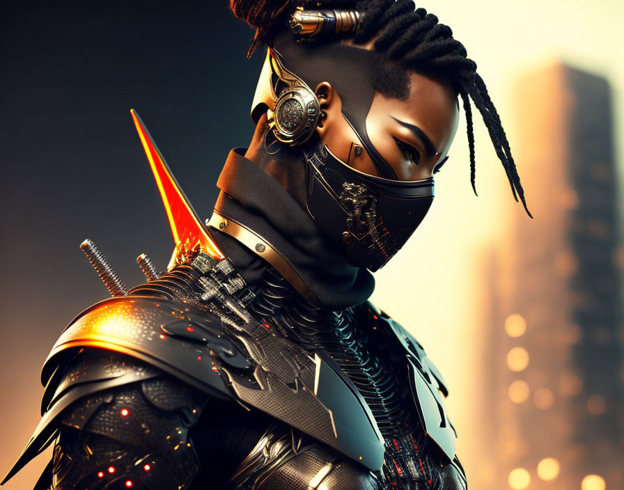 Futuristic warrior with mask, dreadlocks, red sword, detailed armor, cityscape backdrop