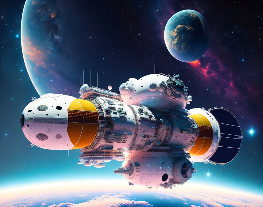 Futuristic spaceship in outer space with vibrant planets and stars