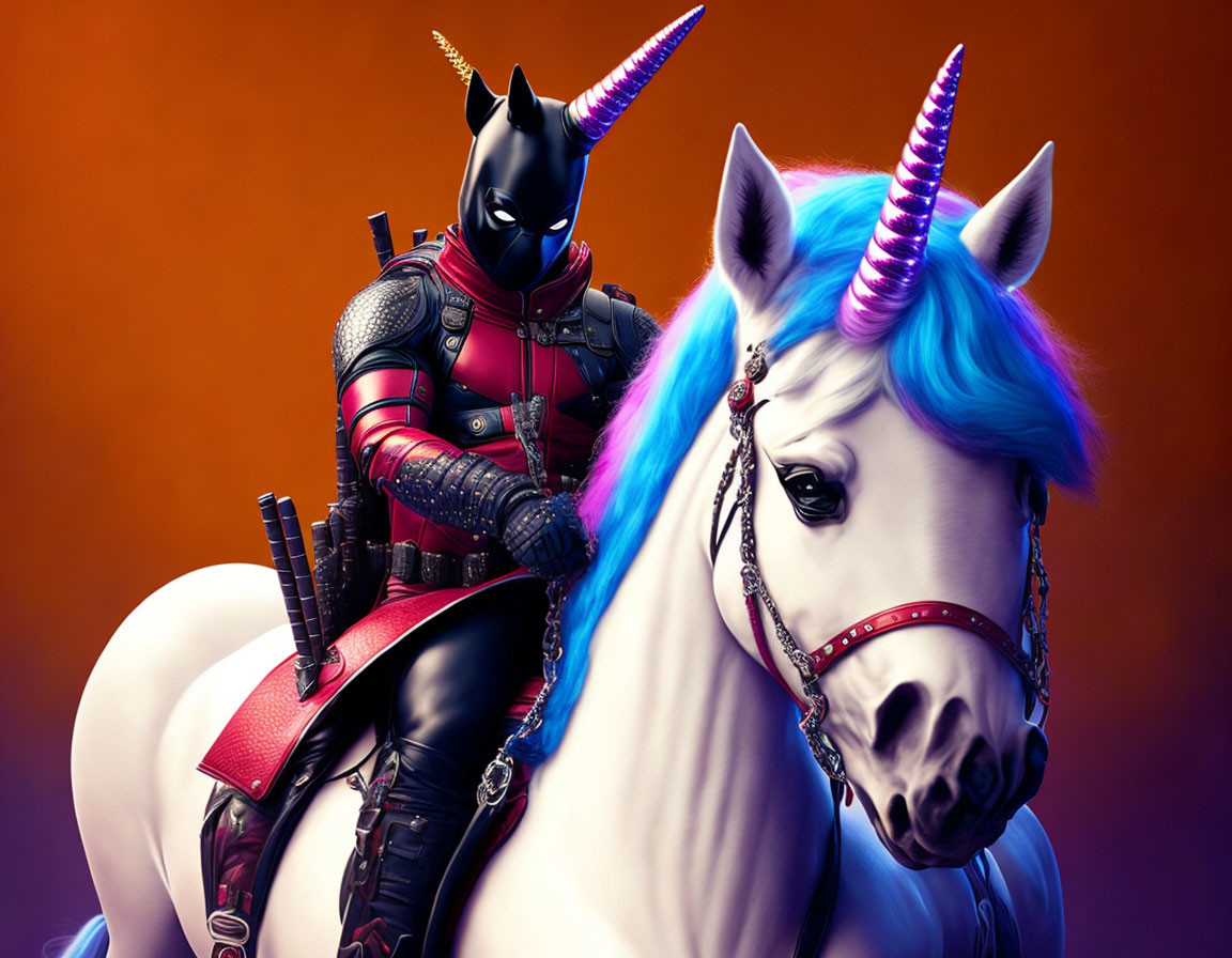 Fantasy character in black and red armor rides white unicorn with blue mane and twisted horn on orange background