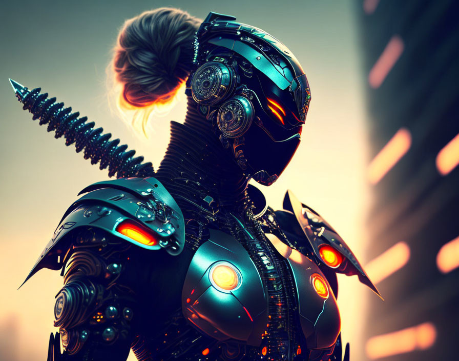Female robot in intricate mechanical suit gazes into distance under orange sky