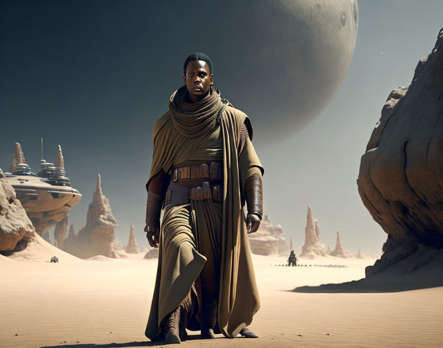 Person in brown robe gazes at spaceships in desert landscape