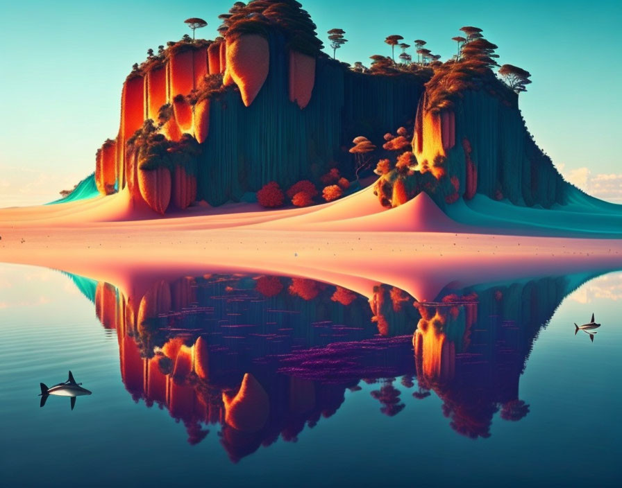 Colorful Mesa Landscape Reflected in Water at Dawn or Dusk