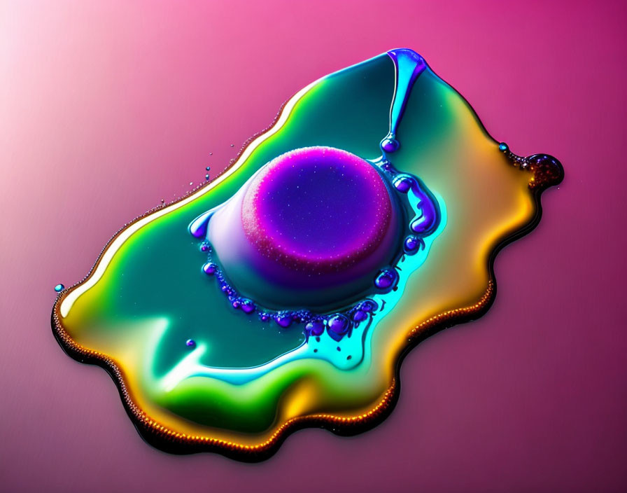 Colorful liquid droplet with purple center and iridescent outlines on pink background