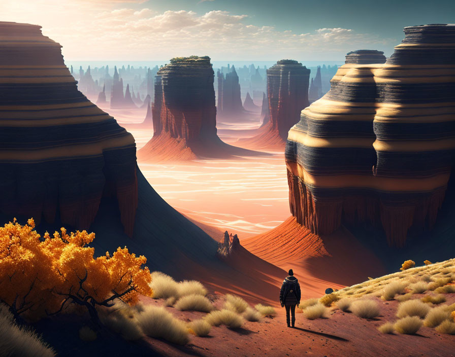 Person walking towards towering rock formations under warm-hued sky with vibrant trees and desert landscape.