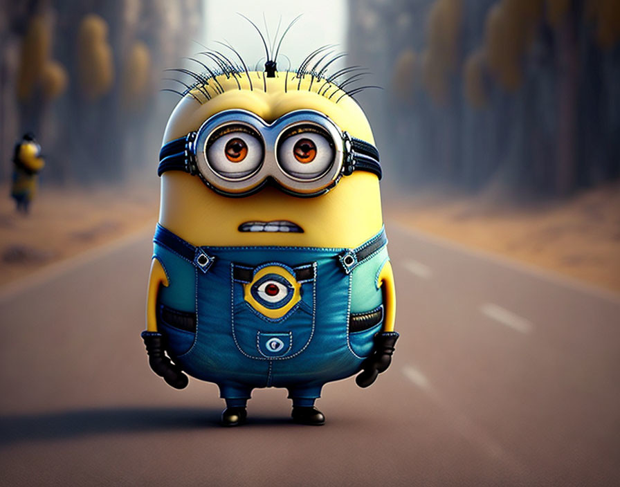 Yellow Minion-like 3D character in blue overalls on autumn road