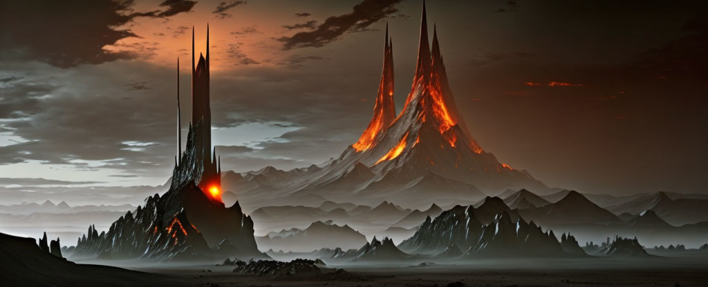 Alien landscape with towering mountains and volcanic activity